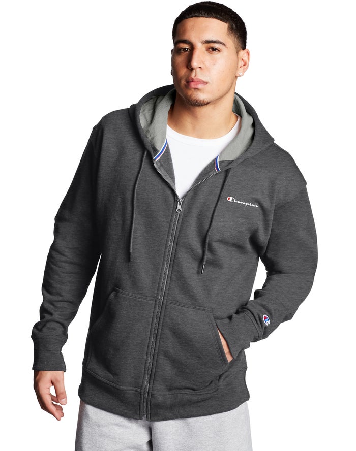 Champion Powerblend Fleece Full Zip Script Logo - Miesten TummanHarmaat Huppari - Suomi 2185734-IX